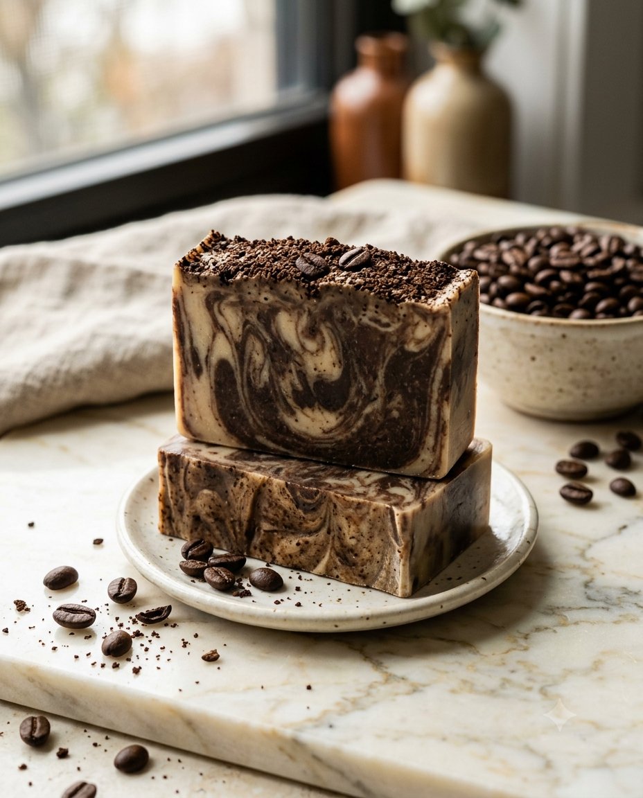 Pinterest pin for the coffee and cocoa soap recipe