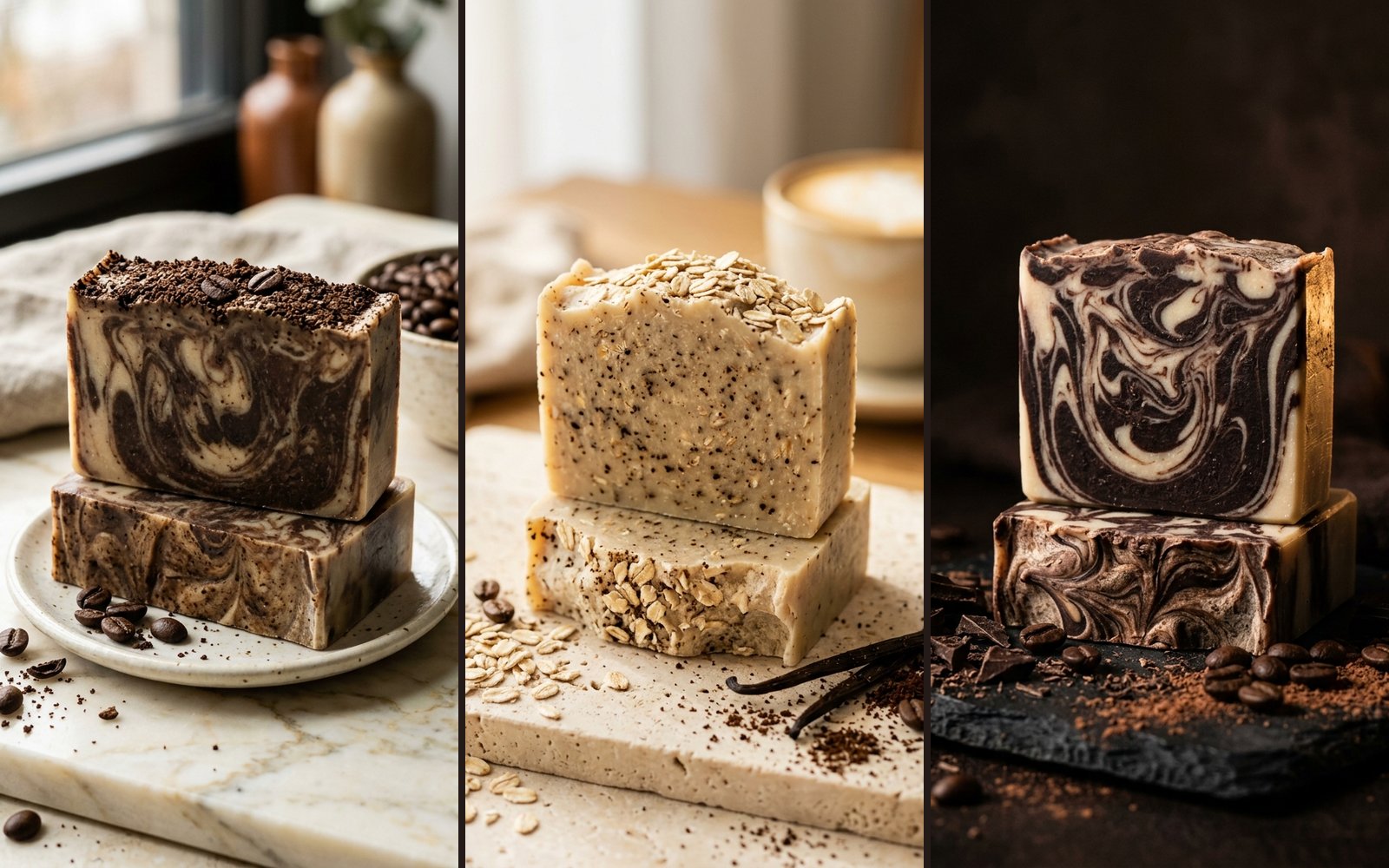 Three handmade coffee-inspired melt and pour soap bars arranged together