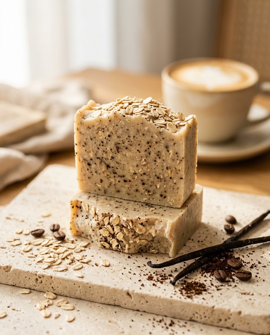 Pinterest pin for the vanilla latte and oatmeal soap recipe